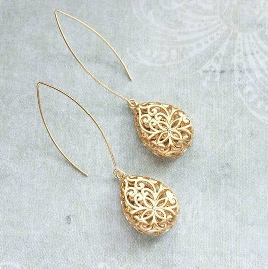 A Pocket of Posies - Gold Teardrop Filigree Earrings: Long Wire