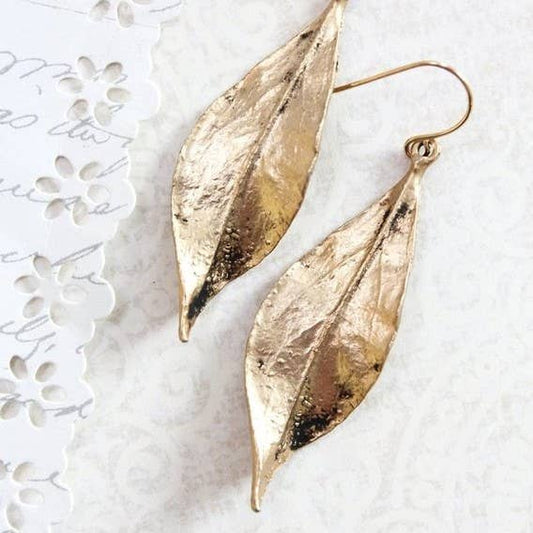 A Pocket of Posies - Long Gold Leaf Earrings - Rustic Black Patina