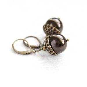 A Pocket of Posies - Pearl Acorn Earrings - Chocolate Brown - ANTIQUED BRASS: Brown
