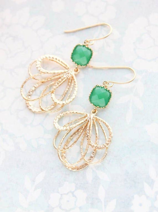 A Pocket of Posies - Jade Green Glass Gold Dangle Earrings