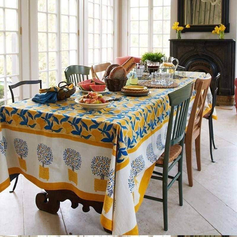 Lemon Tree Yellow & Blue Tablecloth 59" x 86"