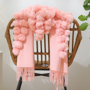 PEACH ACCESSORIES - M304 pompom fur Shawl: Baby Pink