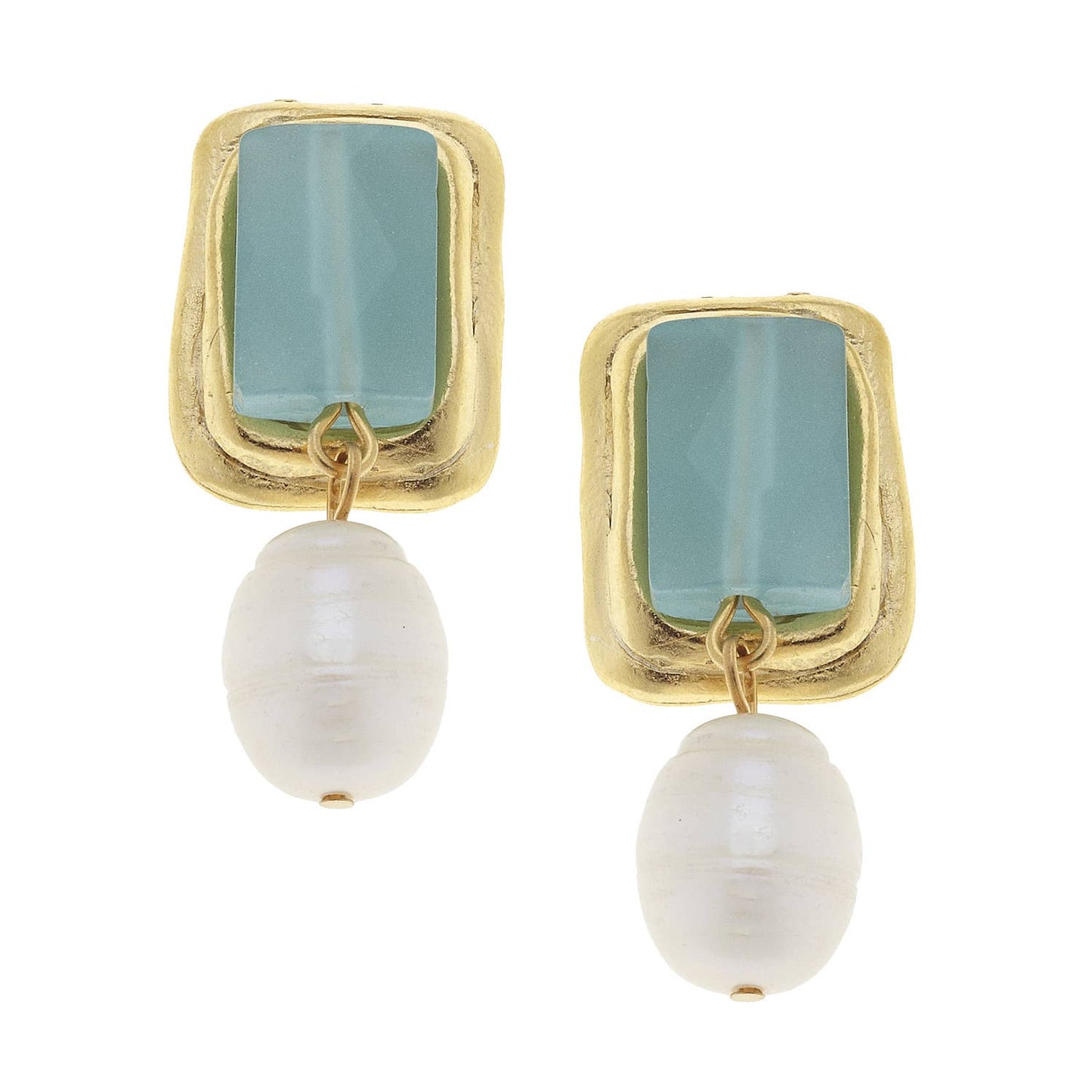 Susan Shaw - Gold and Aqua Quartz Rectangle with Genuine Freshwater Pearl Pierced Post Earrings