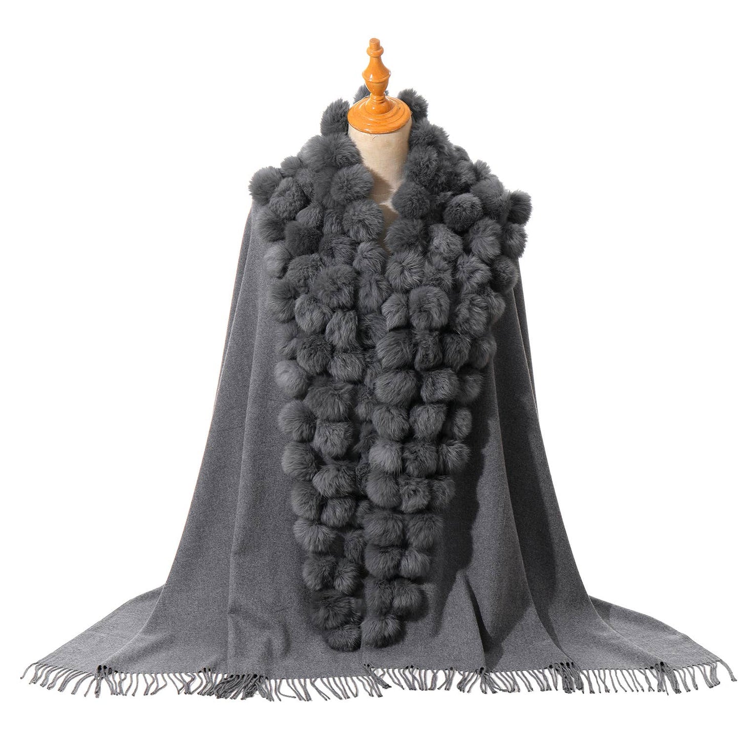 PEACH ACCESSORIES - M304 pompom fur Shawl: Dark Grey