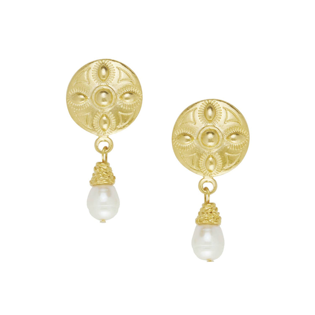 Susan Shaw - Gold 4 Bead Concho + Freshwater Pearl Earrings