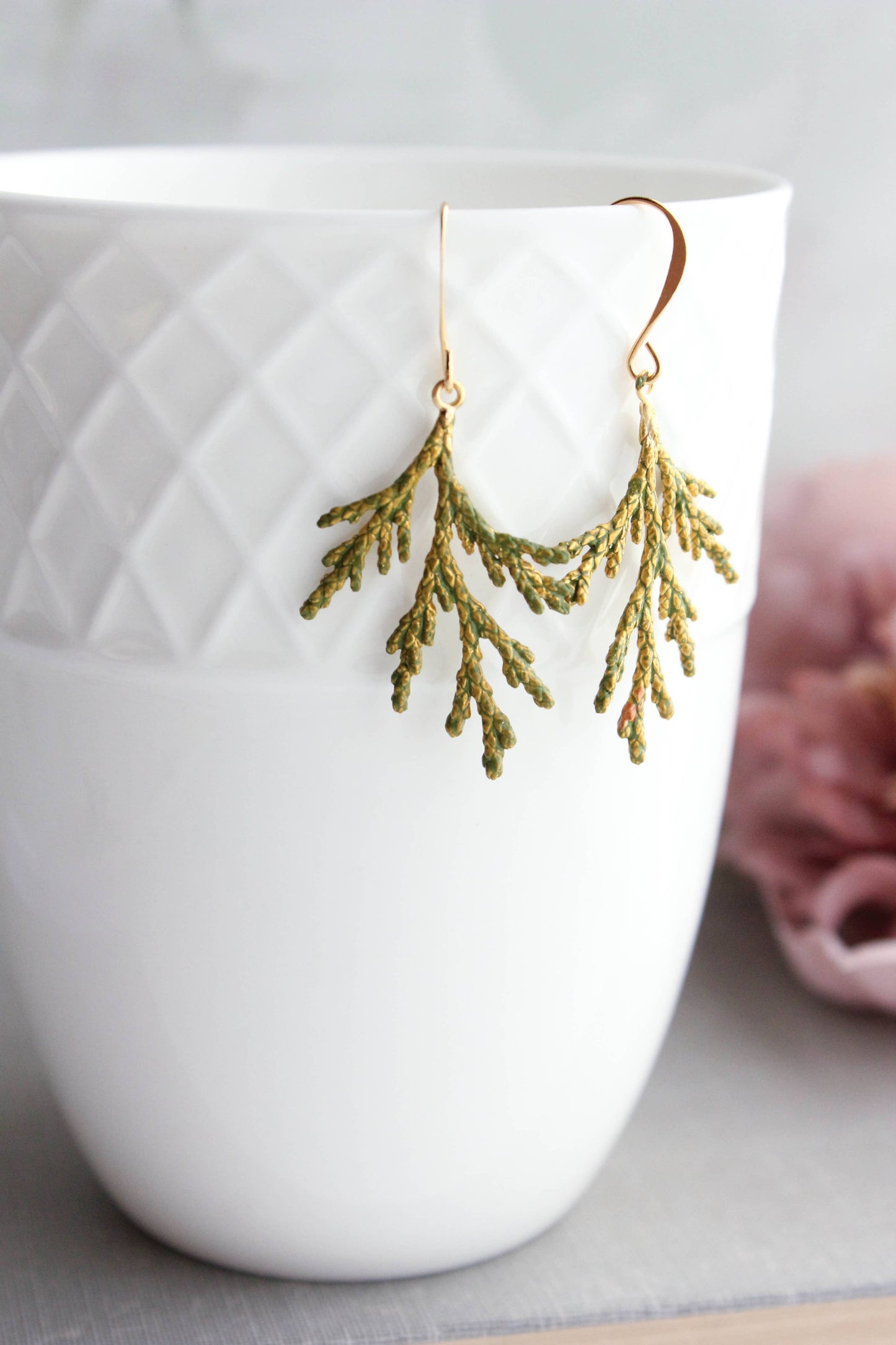 A Pocket of Posies - Cedar Branch Earrings (7 Finish Options): Moss Green Patina