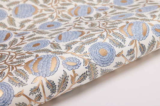 Paper Mirchi - Hand Block Printed Gift Wrap Sheets-Marigold Glitz BlueStone