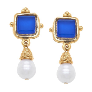 Susan Shaw - Charlotte Blue French Glass + Pearl Drop Earrings