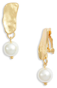 KARINE SULTAN - Cobblestone clip on earrings with pearl dangle.: Gold