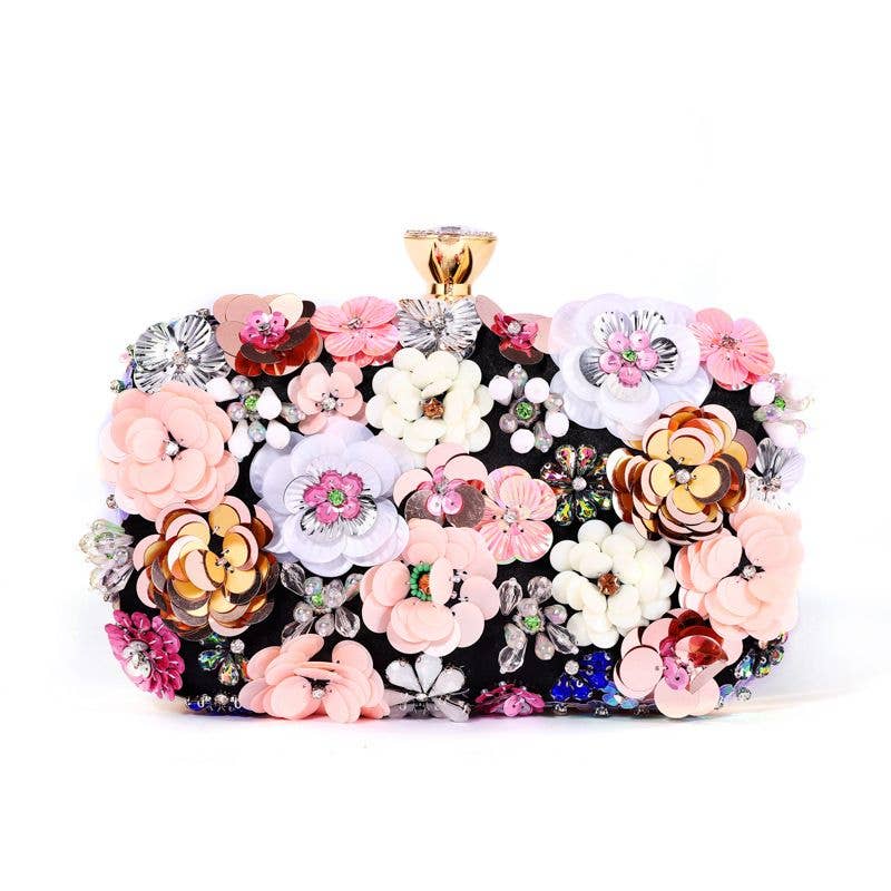PEACH ACCESSORIES - K020 Floral Embellished Clutch Bag: Navy