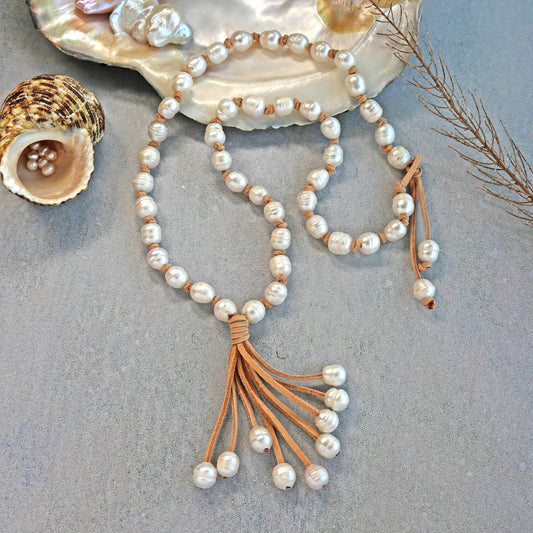IST Jewelry - Cultured Freshwater Pearl & Leather Necklace
