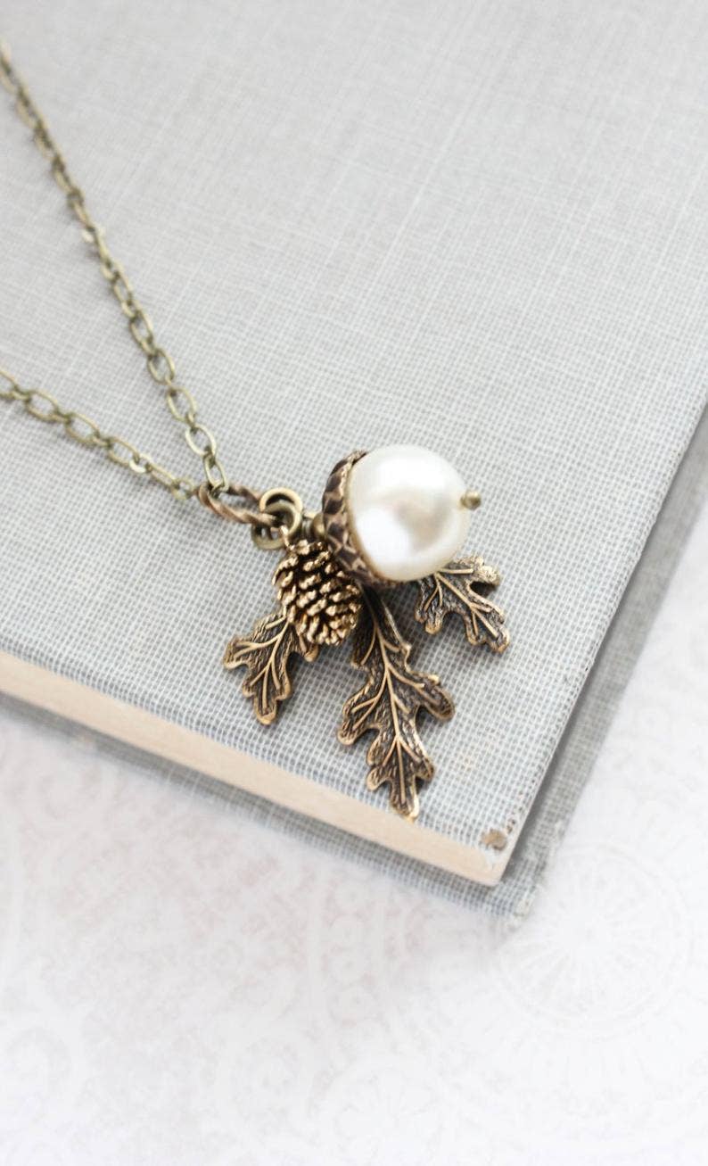 A Pocket of Posies - Brown Acorn Necklace -  - ANTIQUED BRASS: 3. Ivory Cream / 18 inches