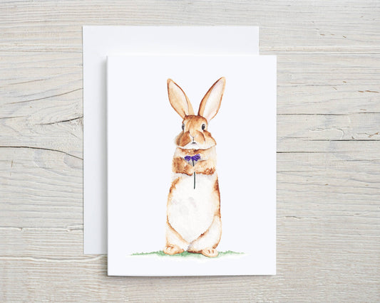 Liz Pope Designs - Hand painted greeting card, Rabbit with Flower, spring card: Box Set of 6