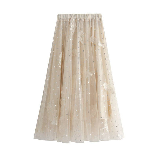 PEACH ACCESSORIES - SK112 Polka Dot and Feathers Detailed Skirts: Off-White
