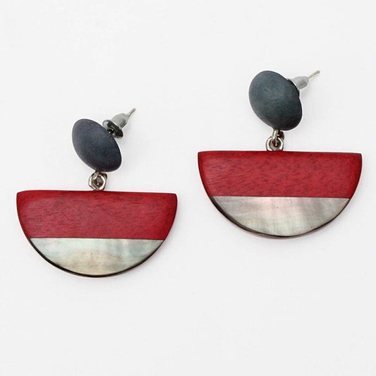 Sylca Designs - Red Wood and Shell Half Moon Earrings