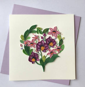 Poppin Cards and Gifts - Pink & Purple Floral Heart Quilled Card