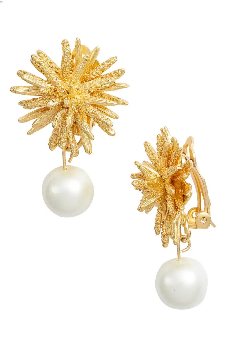 KARINE SULTAN - Starburst clip on earrings with faux pearl drop: Gold