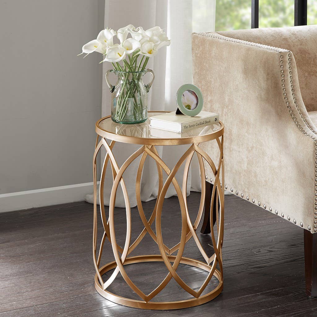 Olliix - Glass Top Hollow Round Accent Table, Gold