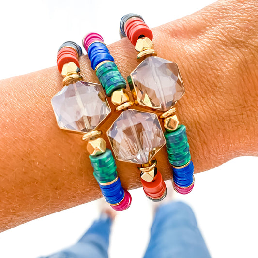 Savvy Bling - Blue, Gray, Orange, Dalmatian Block Crystal Heishi Bracelet