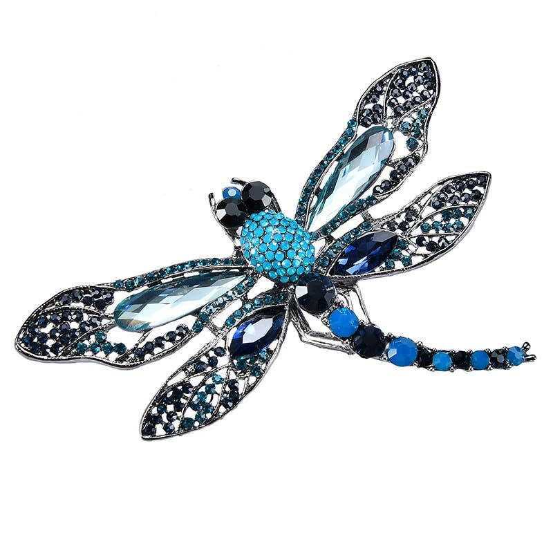 PEACH ACCESSORIES - 1540 Crystals jewelled dragonfly brooch: Blue