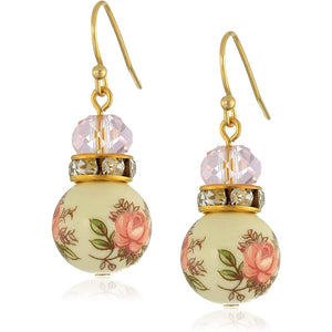 1928 Jewelry - 1928 Jewelry Pink Floral Decal Beaded Drop Earrings