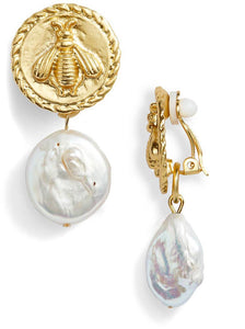 KARINE SULTAN - Bee Clip On & Flat Pearl Drop: Gold