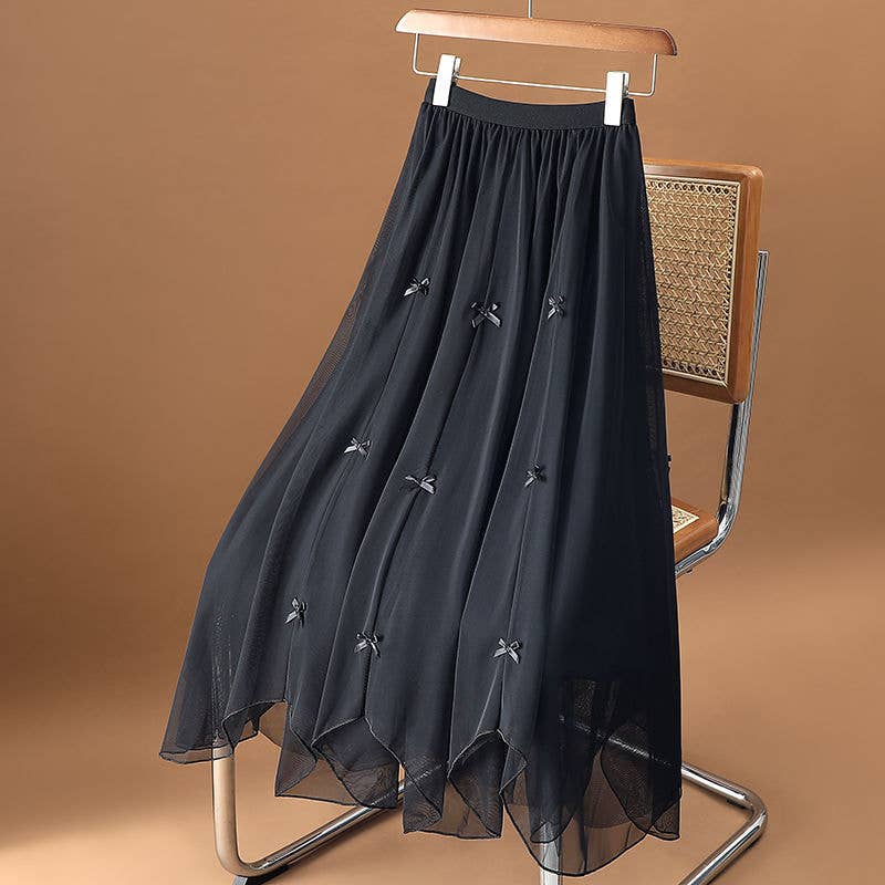 PEACH ACCESSORIES - SK117 frilly netting skirt with delicate silky bow details: Black