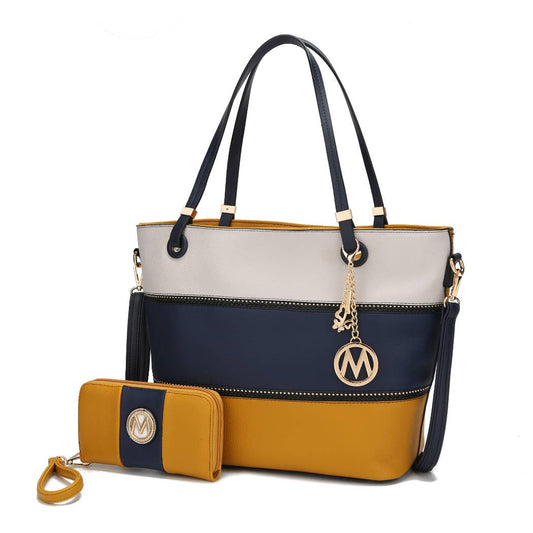 MKF Collection - Vallie Color-Block Vegan Leather Women Tote Handbag by Mia K: Mustard-Navy-Ivory