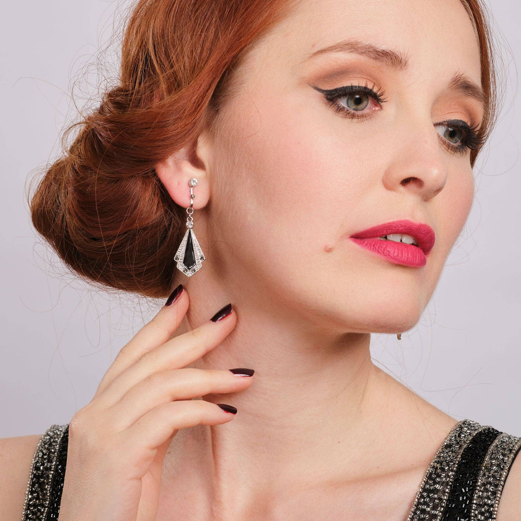 Lovett & Co - Art Deco Enamel Clip-On Earrings Black