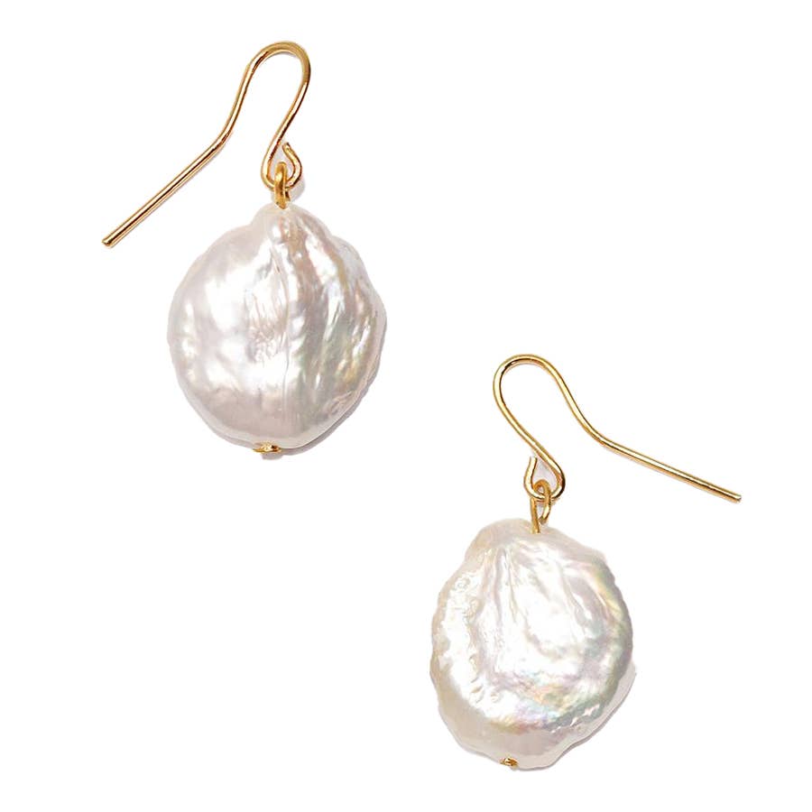 KARINE SULTAN - Large flat pearl dangle earring: Gold