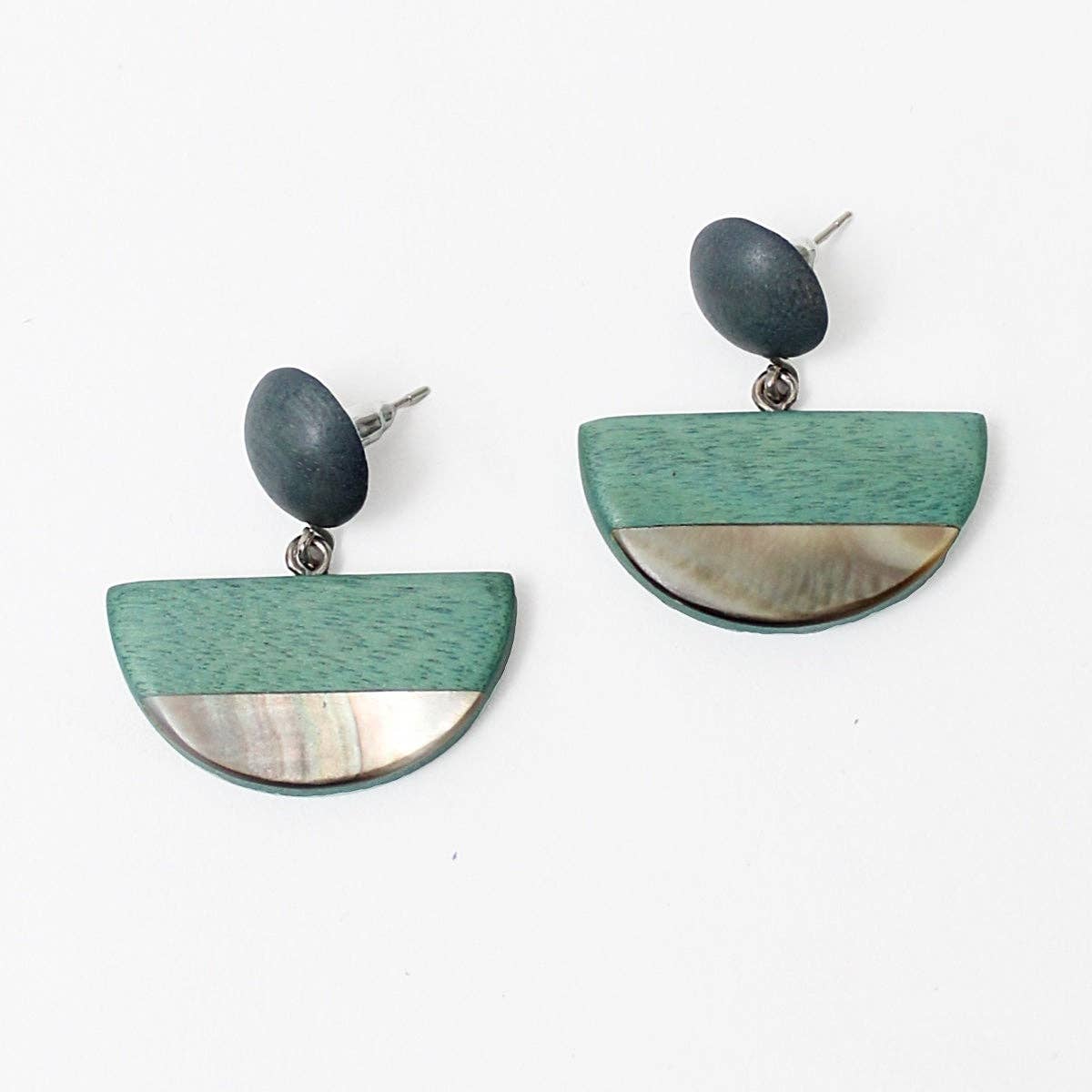 Sylca Designs - Aqua Wood and Shell Half Moon Earrings