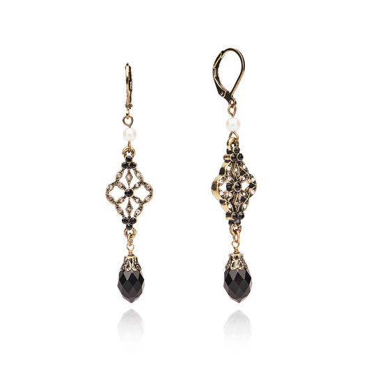 Lovett & Co - Antique Victorian Style Filgree Earring Jet and Pearl: LENGTH : 7CM WIDTH : 1.5CM / Black. Crystal / Mixed Base Metal. Brass Plating. Nickel Safe. Hypoallergenic. Glass Crystal Stones. Glass Pearls