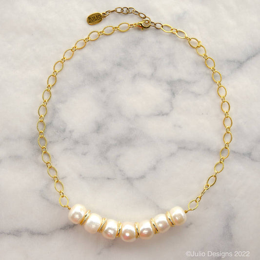 Julio Designs - Aubie Freshwater Button Pearl Necklace with Golden Spacers