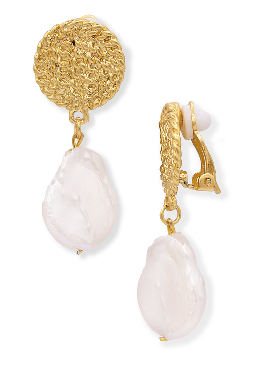 KARINE SULTAN - Cuban Disc Clip & Flat Pearl Drop - Clip on: Yellow Gold