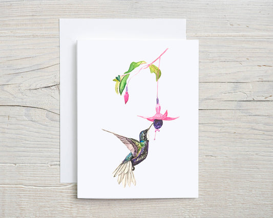 Liz Pope Designs - Bird hand painted greeting card, Emerald Hummingbird, spring: Box set of 6