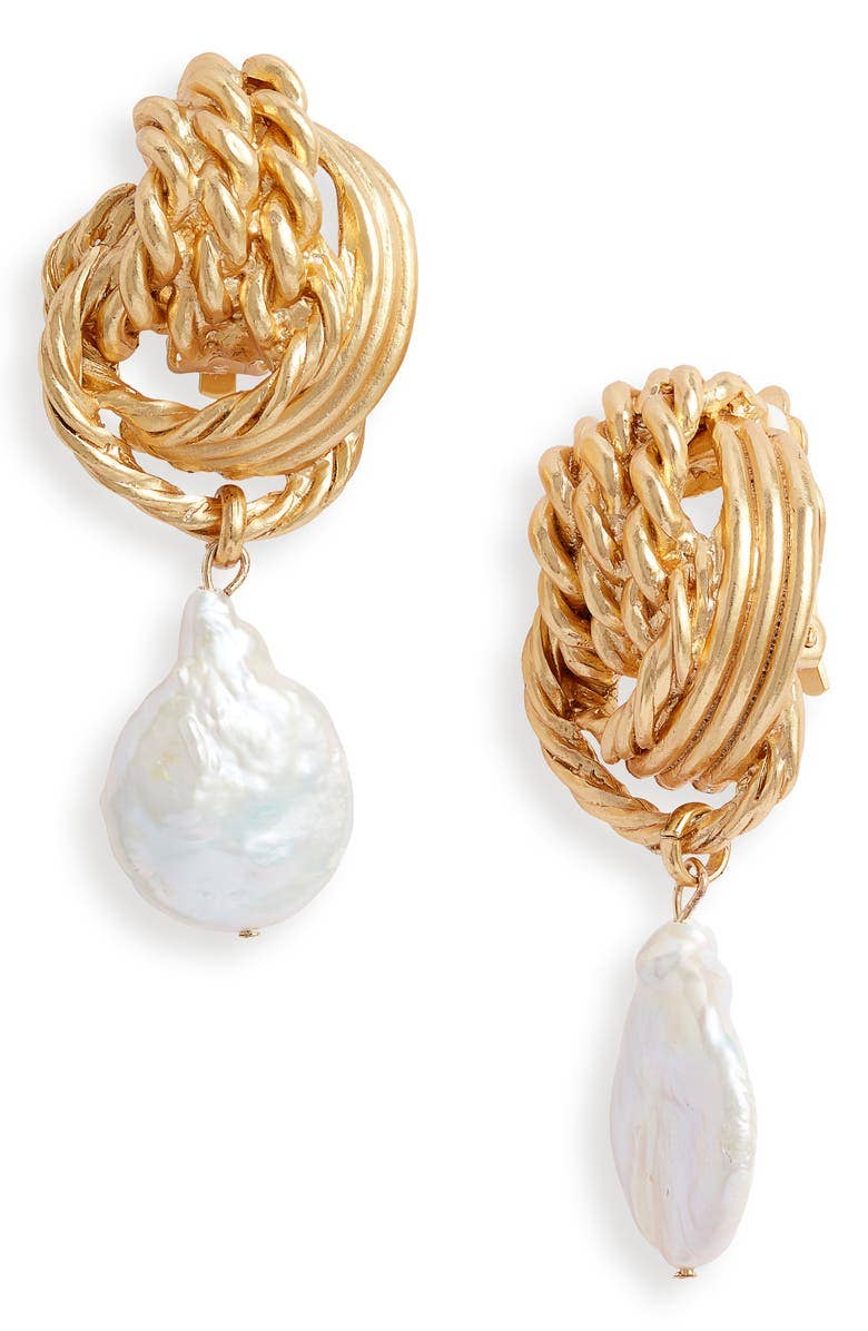 KARINE SULTAN - Twisted rope knot clip on earrings with flat pearl drop