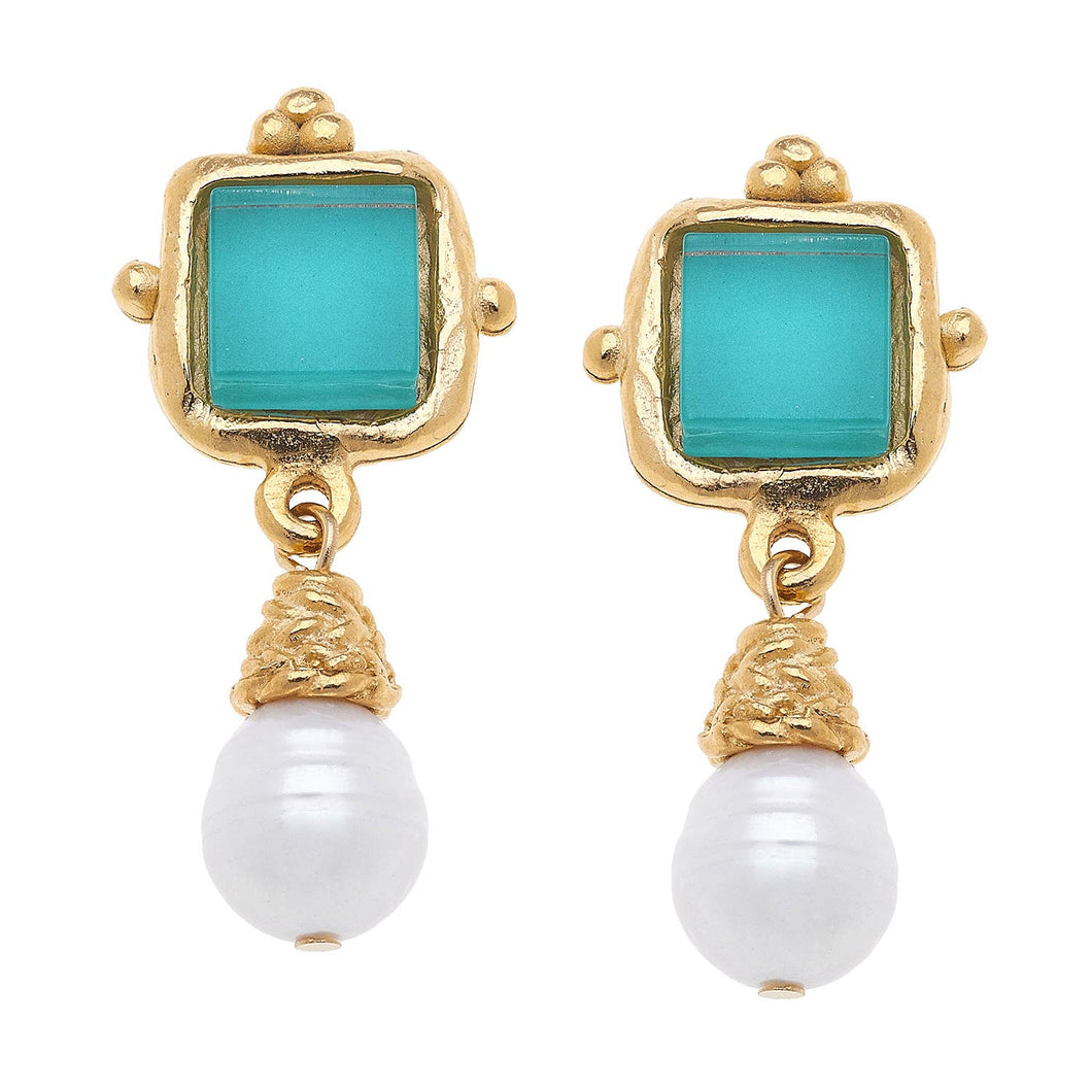 Susan Shaw - Charlotte Teal French Glass + Pearl Drop Earrings