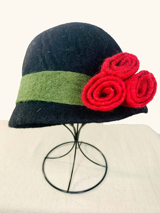 Black Hat with Red Flowers