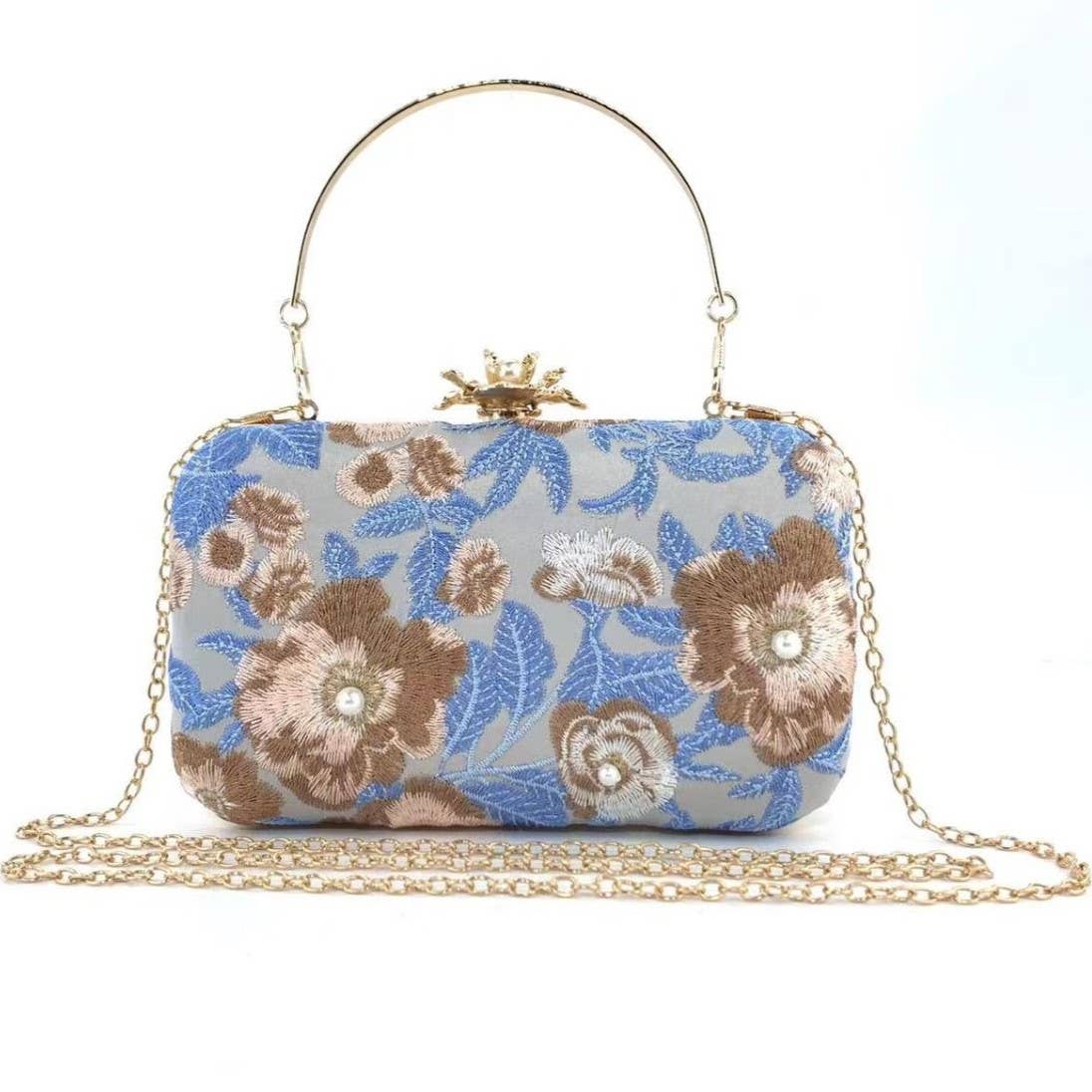 PEACH ACCESSORIES - OC4386 Floral embroidered clutch bag: Silver