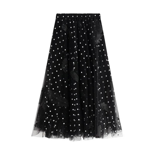 PEACH ACCESSORIES - SK112 Polka Dot and Feathers Detailed Skirts: Black