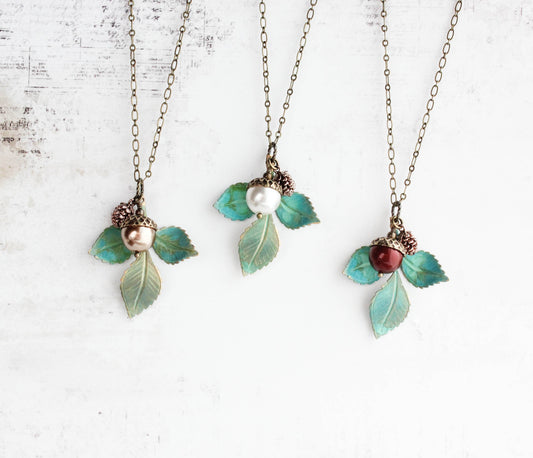 A Pocket of Posies - Charm Necklace - Verdigris Patina Branch: 18 inches / 3. Ivory Cream