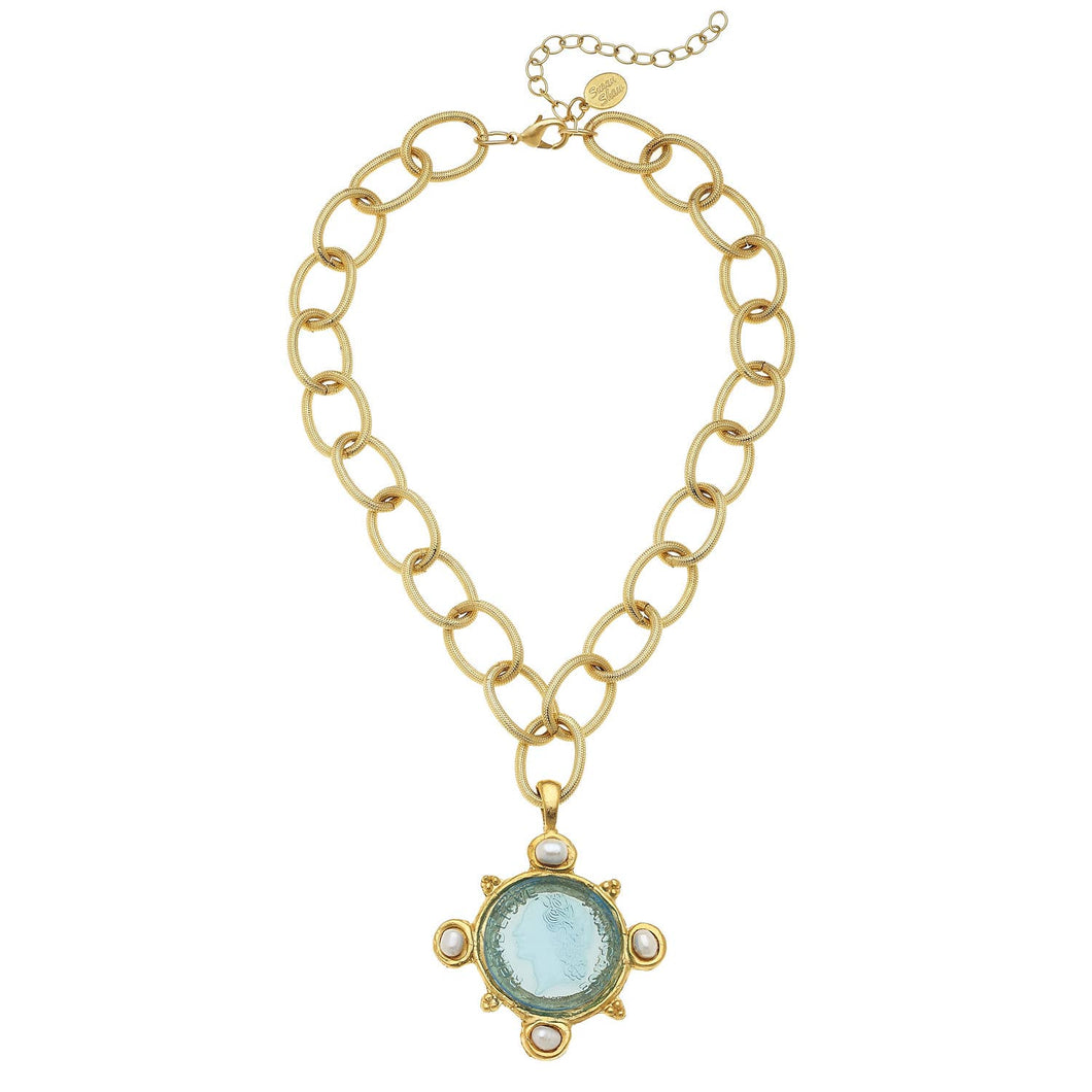 Susan Shaw - Aqua Venetian Glass Coin Intaglio and Genuine Freshwater Pearls on Chain Necklace