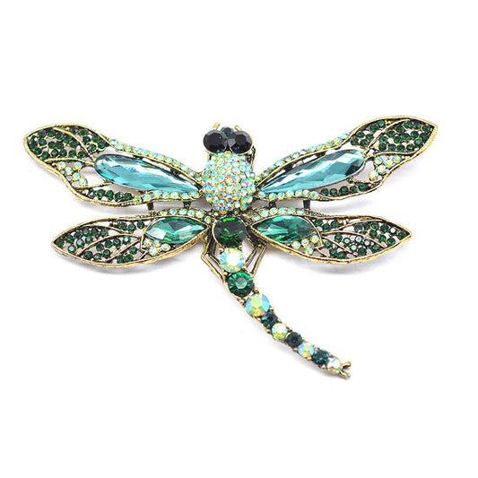 PEACH ACCESSORIES - 1540 Crystals jewelled dragonfly brooch: Green