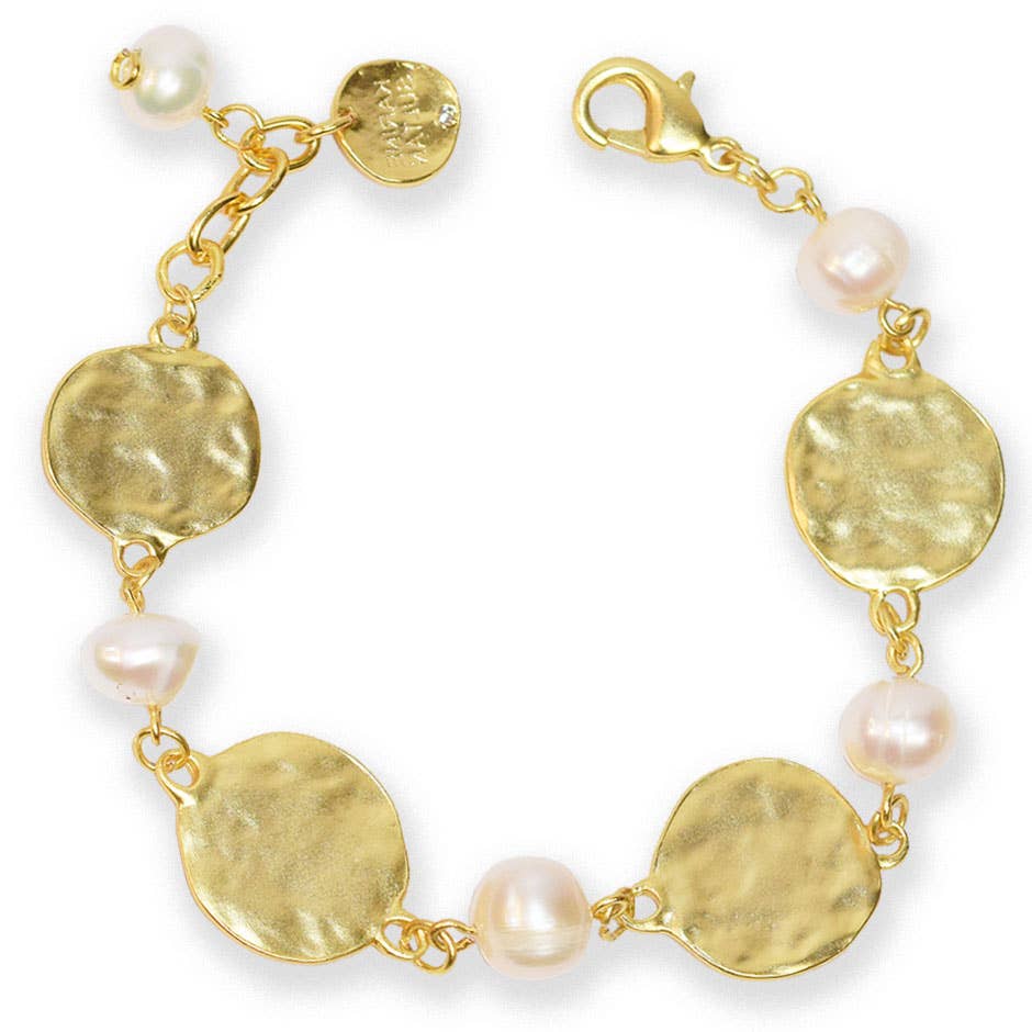 KARINE SULTAN - Alternating Textured Coin & Pearl Layer Bracelet: Gold