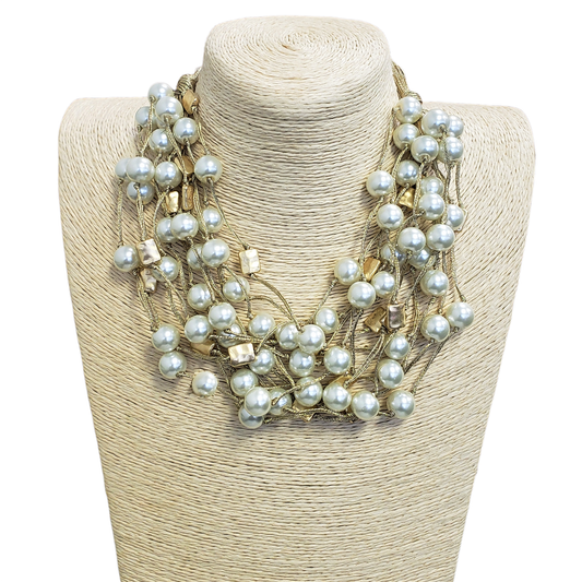 Gardenia Jewelry Ltd. - White Pearl & Gold Multi Strand Metallic Silk Necklace