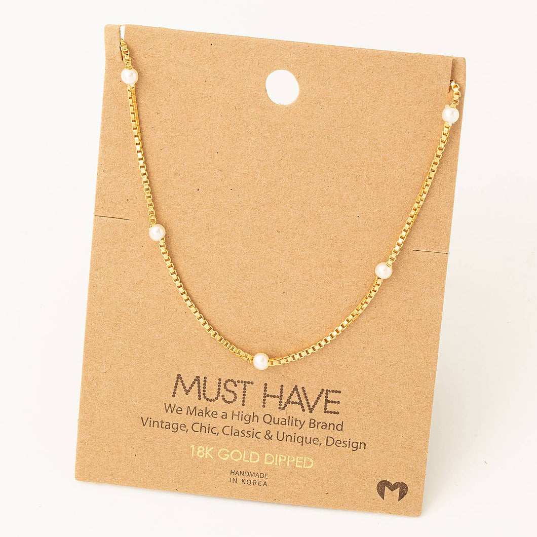 Fame Accessories - Box Chain Pearl Station Necklace