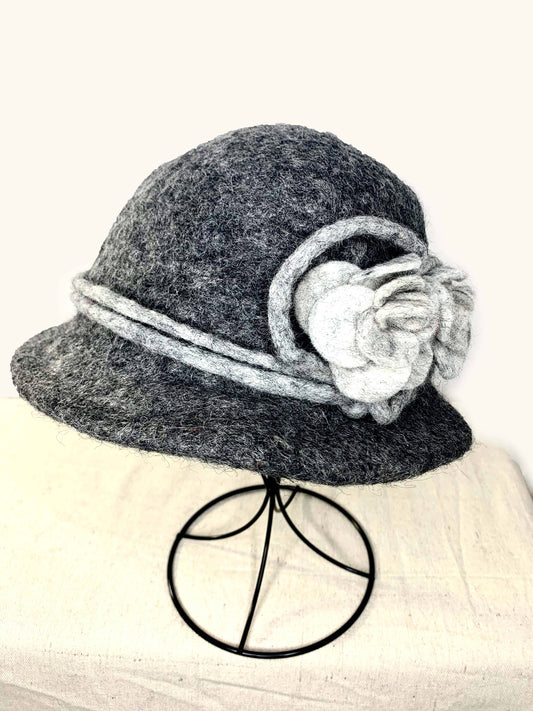 Charcoal Hat with Light Gray Flower