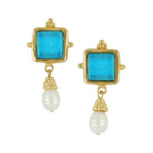 Susan Shaw - Gold/Turquoise Glass + Pearl Earrings