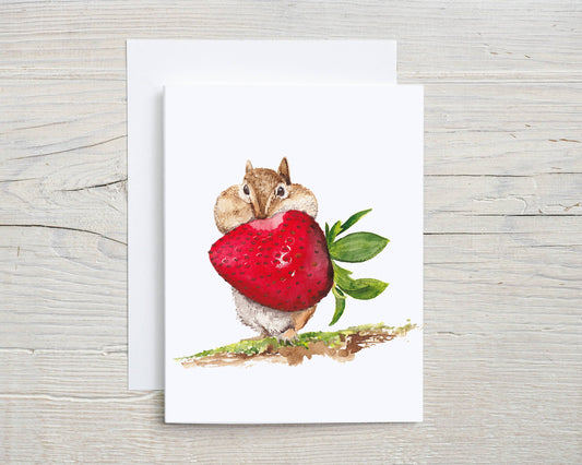 Liz Pope Designs - Hand painted greeting card Chipmunk with strawberry, spring: Box Set of 6