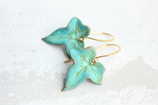 A Pocket of Posies - Lily Pad Earrings - Verdigris Patina: Short Ear Wire / Ivy Leaf